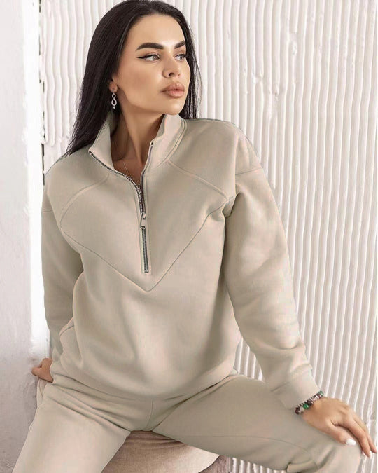 Damen Zweiteiliges Sweat-Loungewear-Set mit Troyer-Reißverschluss und elastischer Jogginghose Nord Taschen