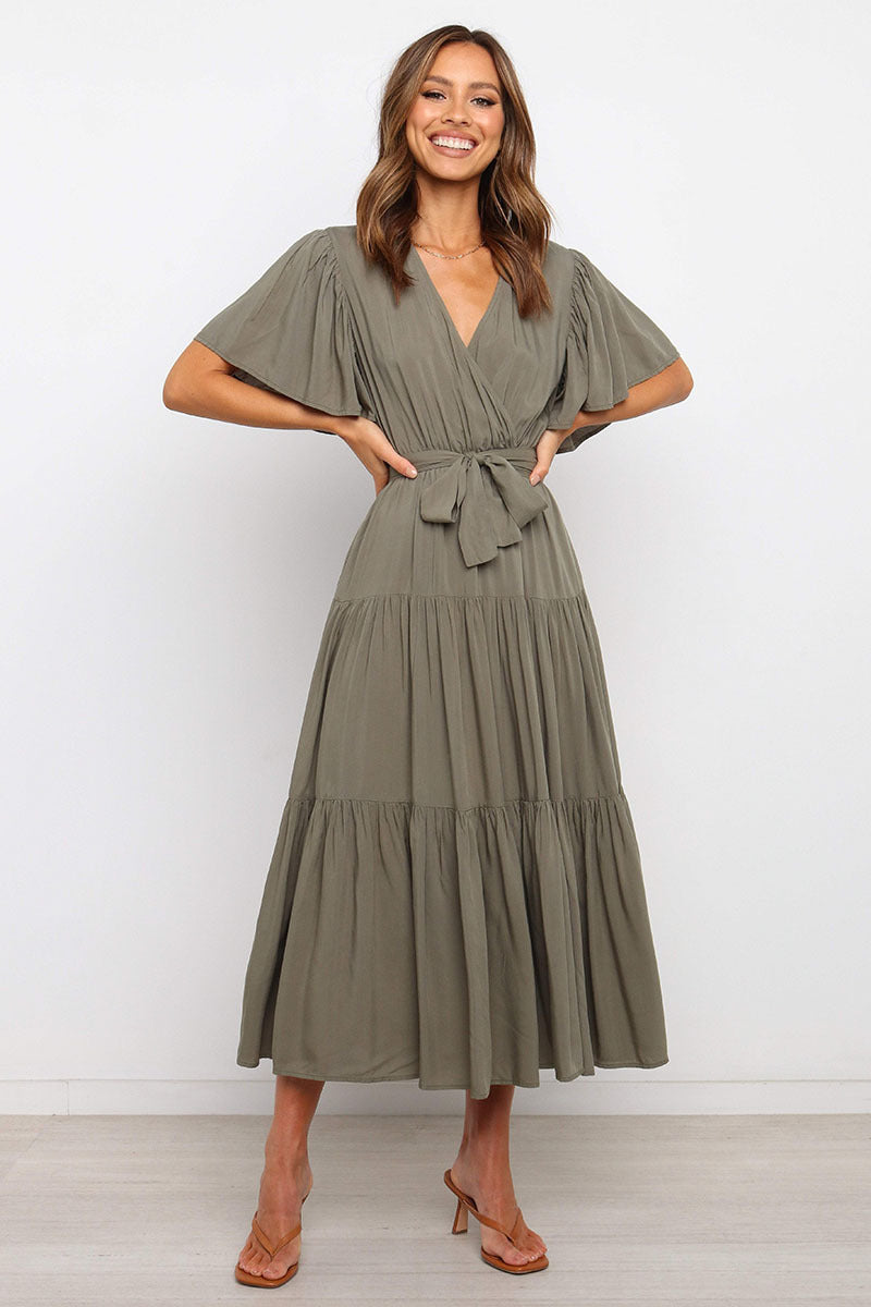 Damen Maxikleid mit tiefem V-Ausschnitt und schwingenden Ärmeln