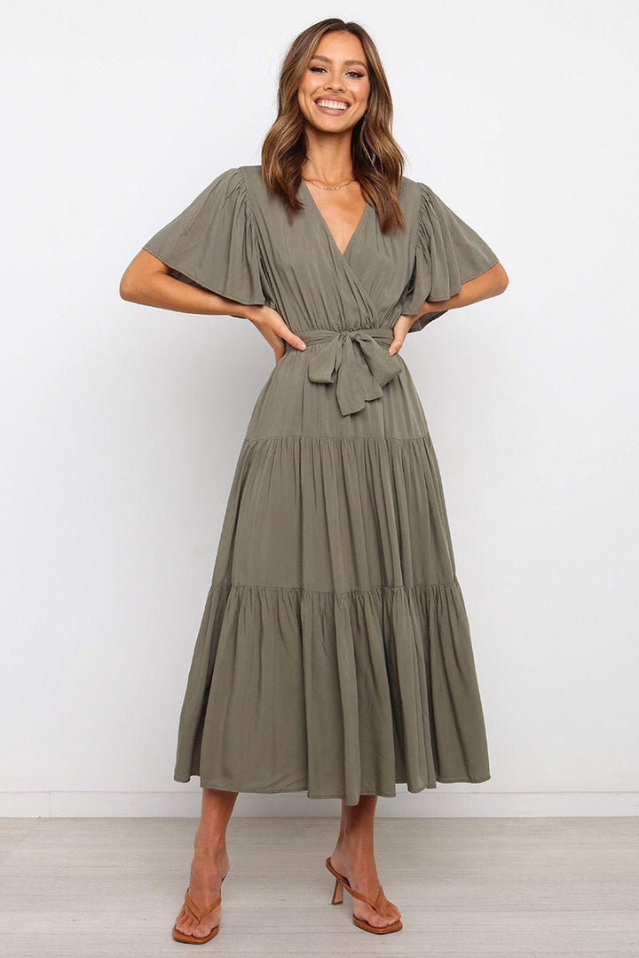 Damen Maxikleid mit tiefem V-Ausschnitt und schwingenden Ärmeln