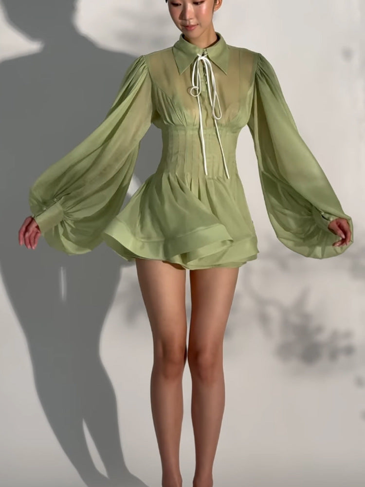 Damen Transparentes Chiffon-Minikleid mit Korsagenoptik, Puffärmeln und ausgestelltem Rock Nord Taschen