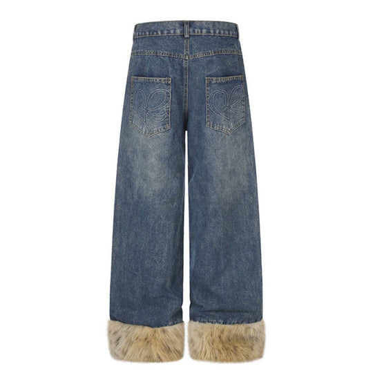 Damen Weite Denim-Palazzo-Jeans mit Fellbündchen und Nieten Nord Taschen