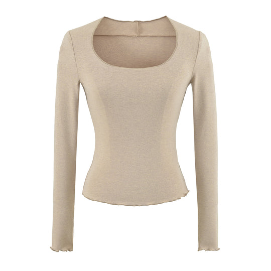 Damen Figurbetontes Langarm-Feinstrickshirt mit quadratischem Ausschnitt und Wellensaum Nord Taschen