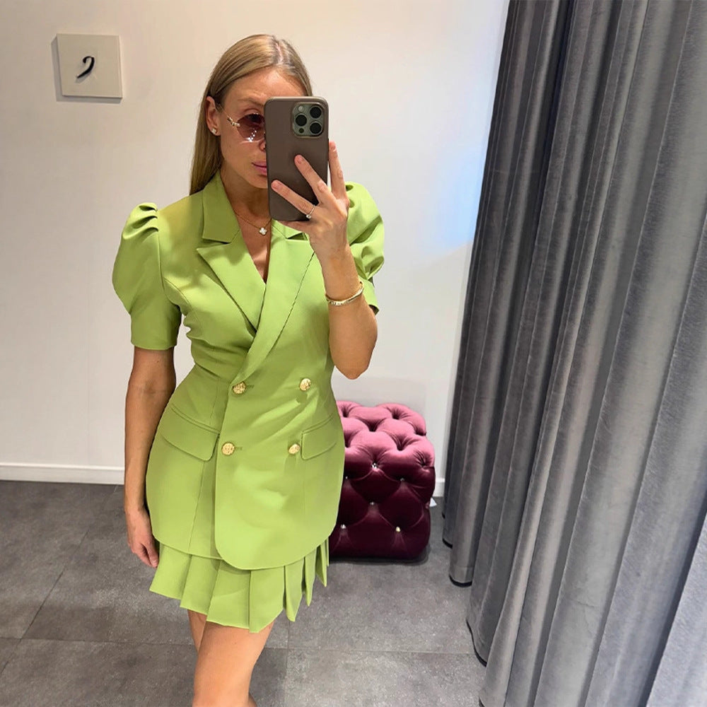 Damen Doppelreihiges Blazerkleid mit Puffärmeln und plissiertem Saum Nord Taschen