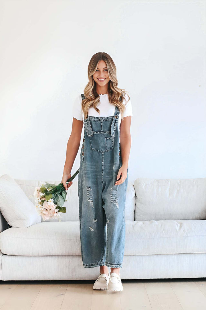 Damen lässige verwaschene Latzhose aus Jeansstoff mit Rissen und weitem Bein Nord Taschen