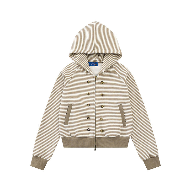 Damen gestreifte Kapuzen-Sweatjacke im Marine‑Look mit Doppelreiher‑Optik und Frontreißverschluss Nord Taschen