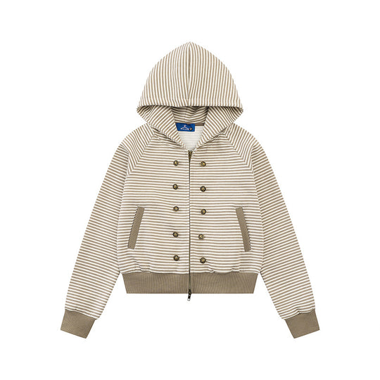 Damen gestreifte Kapuzen-Sweatjacke im Marine‑Look mit Doppelreiher‑Optik und Frontreißverschluss Nord Taschen