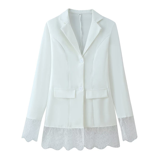 Damen Langblazer mit Spitzenbesatz an Saum und Manschetten, taillierter Schnitt Nord Taschen