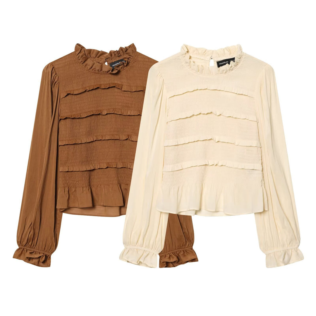 Damen Rüschenbluse mit smock‑Tiers, Stehkragen und weiten Ballonärmeln Nord Taschen
