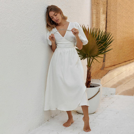 Damen Lässiges Leinenkleid mit Ballonärmeln und Tailliertem Gürtel