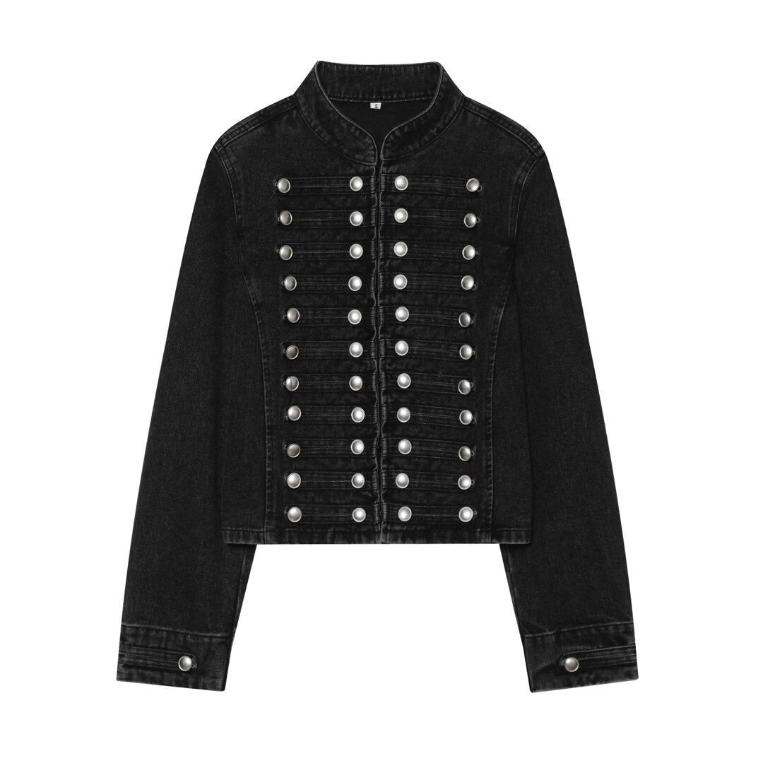 Damen Cropped Denim‑Blouson im Frackstil mit dekorativen Reihenknöpfen Nord Taschen