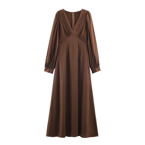 Damen Elegantes Satin-Maxikleid mit V-Ausschnitt und Spitzenbesatz Nord Taschen
