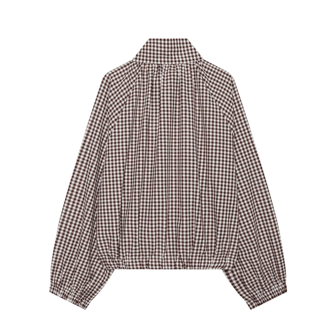 Damen Karierte Cropped‑Bluse mit Stehkragen, Tunnelzugsaum und Ballonärmeln Nord Taschen
