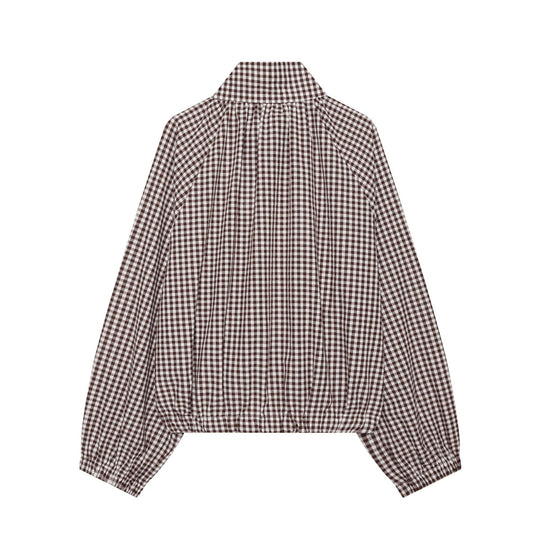 Damen Karierte Cropped‑Bluse mit Stehkragen, Tunnelzugsaum und Ballonärmeln Nord Taschen