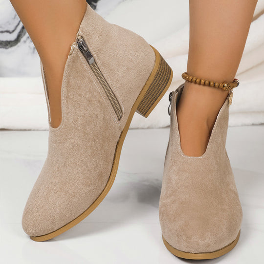 Damen Kurzschaft‑Stiefelette aus Veloursimitat mit V‑Ausschnitt und niedrigem Holzabsatz Nord Taschen