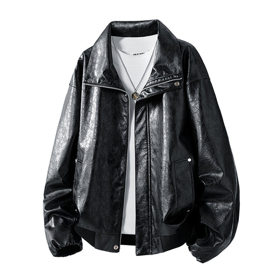 Herren Oversize Kunstleder‑Fliegerjacke mit breitem Umlegekragen, Zwei‑Wege‑Reißverschluss & gerippten Abschlüssen Nord Taschen