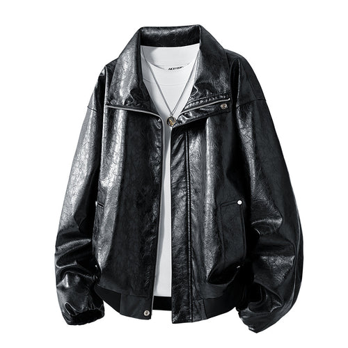 Herren Oversize Kunstleder‑Fliegerjacke mit breitem Umlegekragen, Zwei‑Wege‑Reißverschluss & gerippten Abschlüssen Nord Taschen