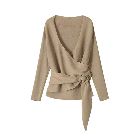 Damen Wickel-Strickpullover mit tiefem V-Ausschnitt und Dekorativer Taillenbindung Nord Taschen