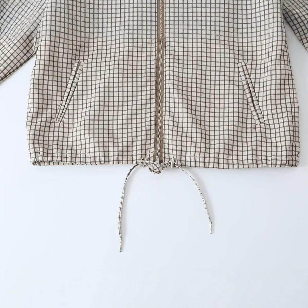 Damen Leichte Kapuzen-Boxy-Übergangsjacke mit Karo-Gitterprint, Tunnelzug und Elastikbündchen Nord Taschen
