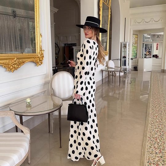 Damen Figurbetontes Polka-Dot Maxikleid mit Trompetenärmeln & Rundhalsausschnitt Nord Taschen