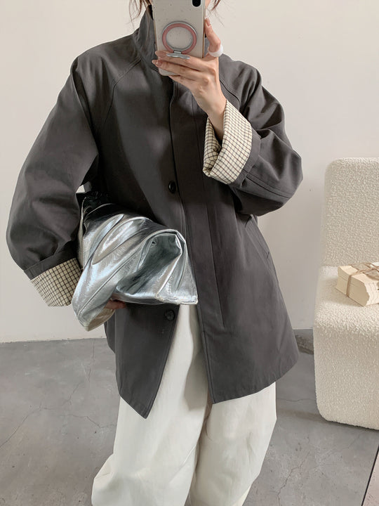 Damen Oversize-Mantel mit Stehkragen und kariertem Ärmelsaum Nord Taschen