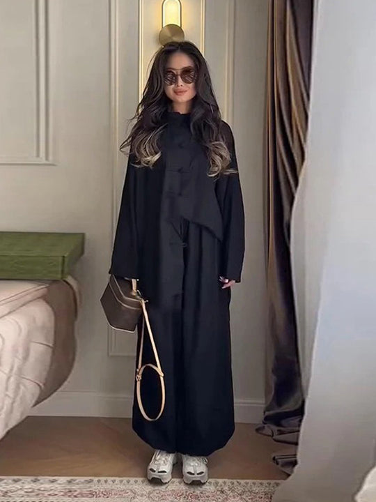 Damen Zweiteiliges Oversize Lounge‑Set mit Stehkragen und dekorativen Knotenverschlüssen Nord Taschen