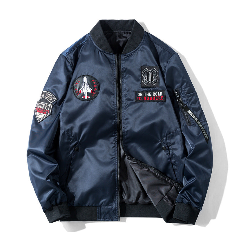 Men's  pilot-style embroidered patch utility bomber jacket with angled welt pockets and zip sleeve pocket Nord Taschen