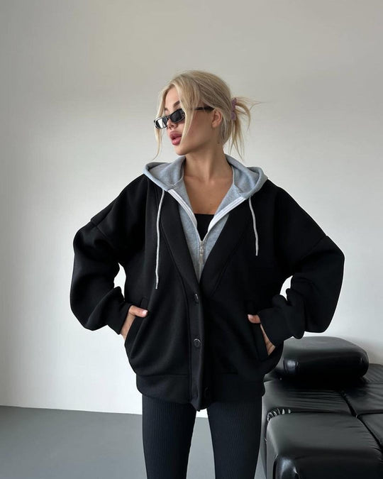 Damen Oversized Kapuzenjacke mit Druckknopfverschluss und Eingrifftaschen Nord Taschen