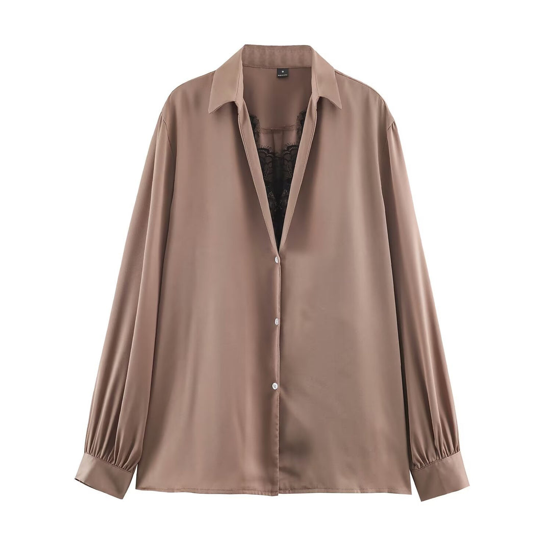 Damen Seidige Oversize-Bluse mit Spitzeneinsatz und Hemdkragen Nord Taschen