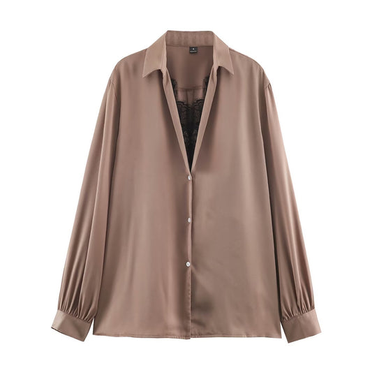 Damen Seidige Oversize-Bluse mit Spitzeneinsatz und Hemdkragen Nord Taschen