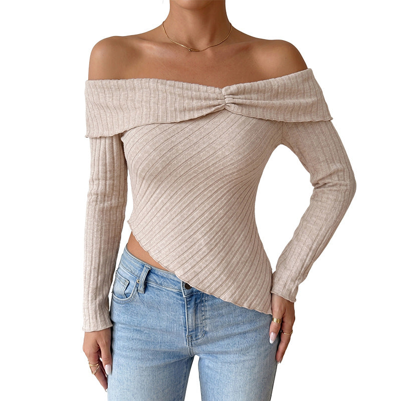 Damen Figurbetontes Off-Shoulder Rippstrick-Top mit Knotenfront und asymmetrischem Saum Nord Taschen
