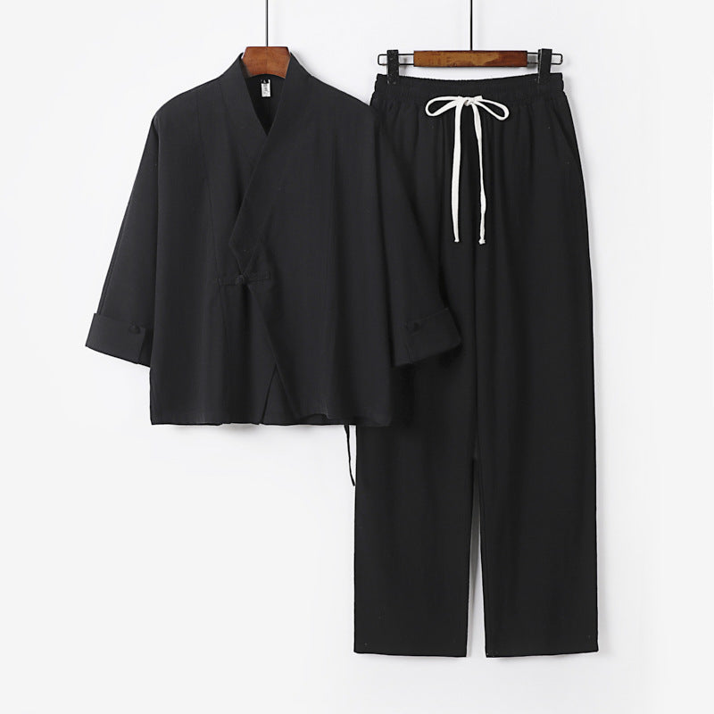 Unisex Leichtes Zen-Lounge-Set im Kimono-Stil mit überschnittener Schulter verdeckter Knotenleiste und elastischer Tunnelzughose Nord Taschen