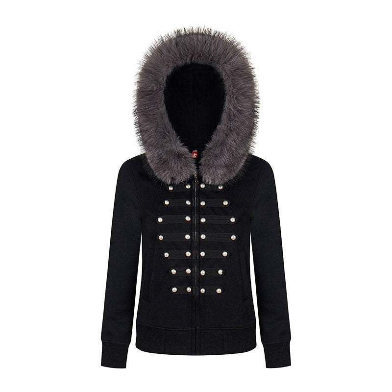 Damen Kapuzen‑Sweatjacke mit Kunstfellbesatz und militärischer Zierknopfreihe Nord Taschen