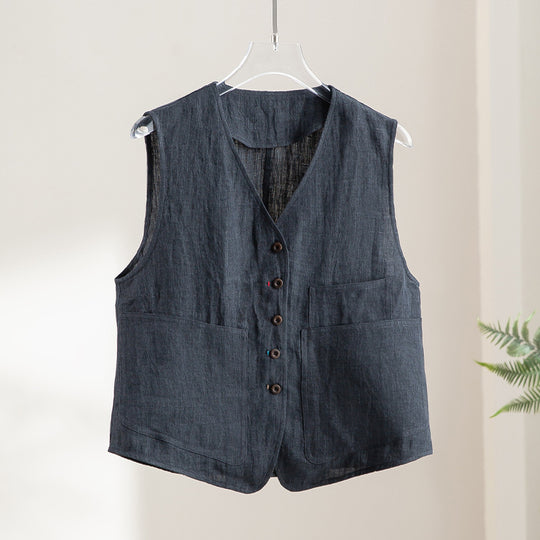 Damen Leichte Leinenweste im Utility-Look mit V-Ausschnitt und großen Aufgesetzten Taschen Nord Taschen