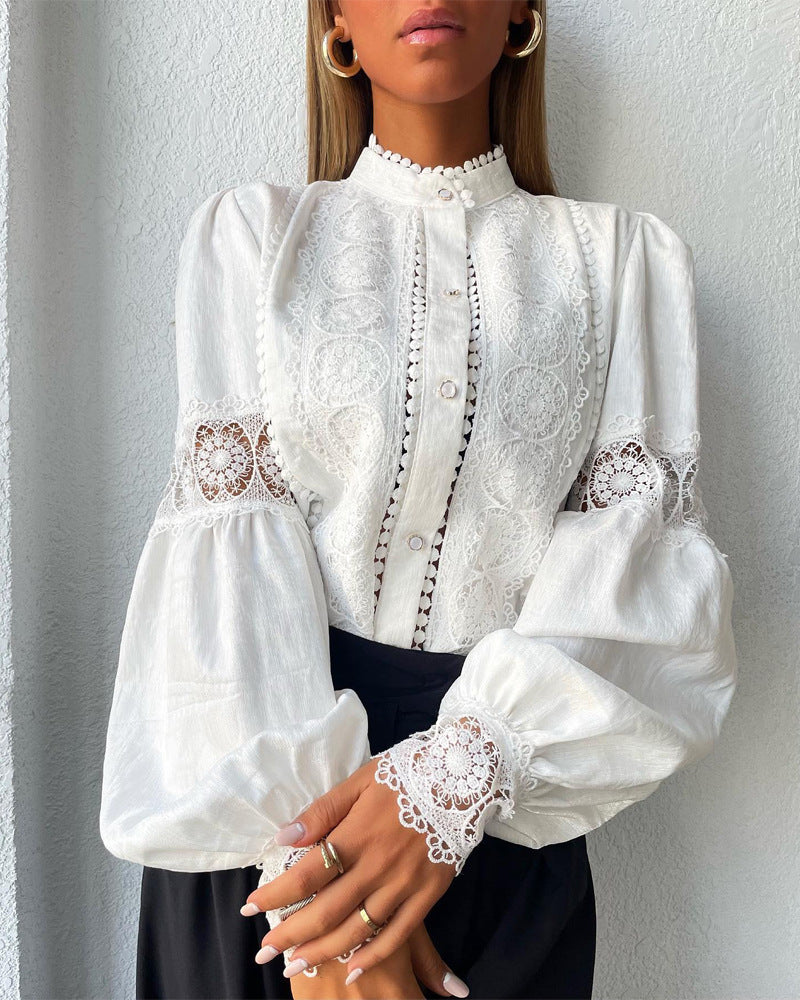 Damen Elegante Spitzenbluse im Vintage-Stil mit Stehkragen und Ballonärmeln Nord Taschen