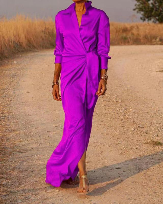 Damen Elegantes Wickel-Maxi-Kleid mit vielseitigem Kragen und seitlichem Schlitz