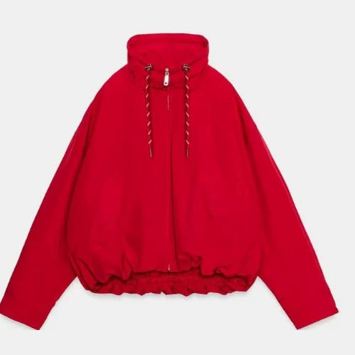 Damen Oversize Cropped Kapuzenjacke mit durchgehendem Reißverschluss, Kordelzug und gerafftem Saum Nord Taschen