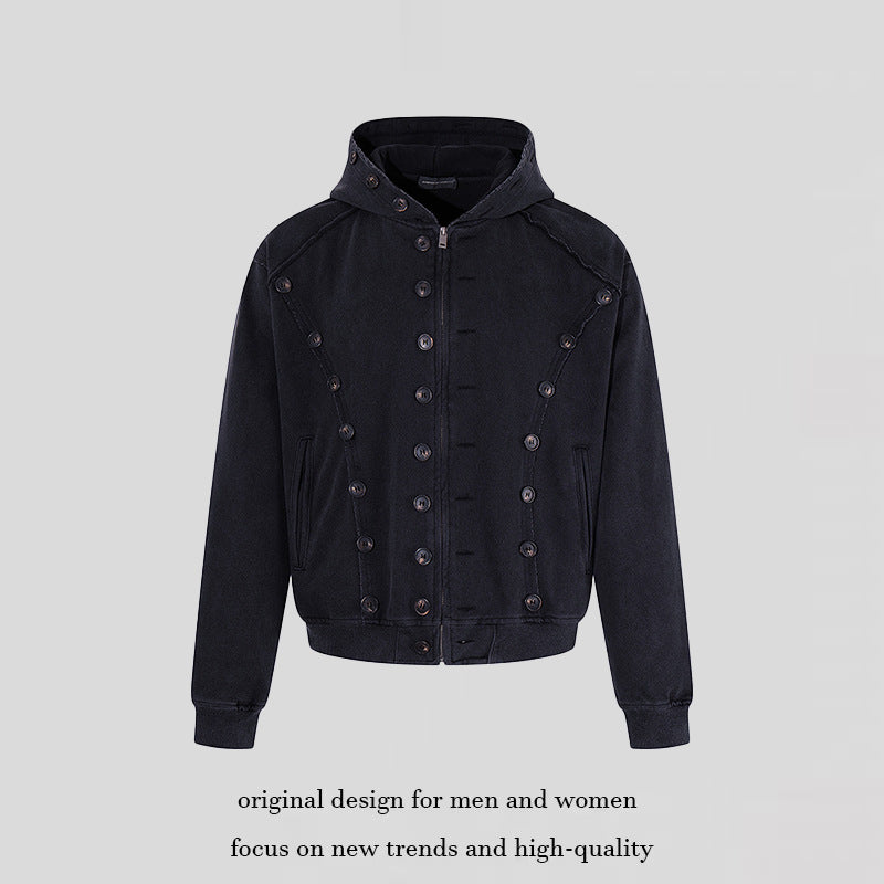Herren Kapuzen-Zipjacke mit dekorischer Knopfreihe, vintage-inspirierter Waschung und elastischem Saum Nord Taschen