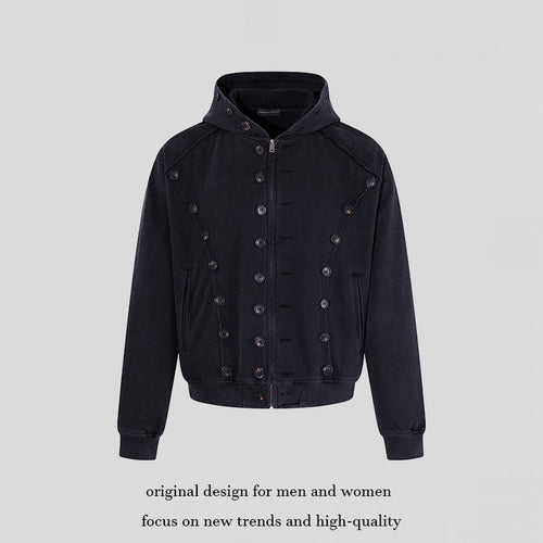 Herren Kapuzen-Zipjacke mit dekorischer Knopfreihe, vintage-inspirierter Waschung und elastischem Saum Nord Taschen