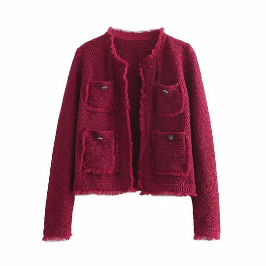 Damen kurze Bouclé‑Tweed‑Jacke mit Fransenbesatz, aufgesetzten Pattentaschen und Rundhalsausschnitt Nord Taschen