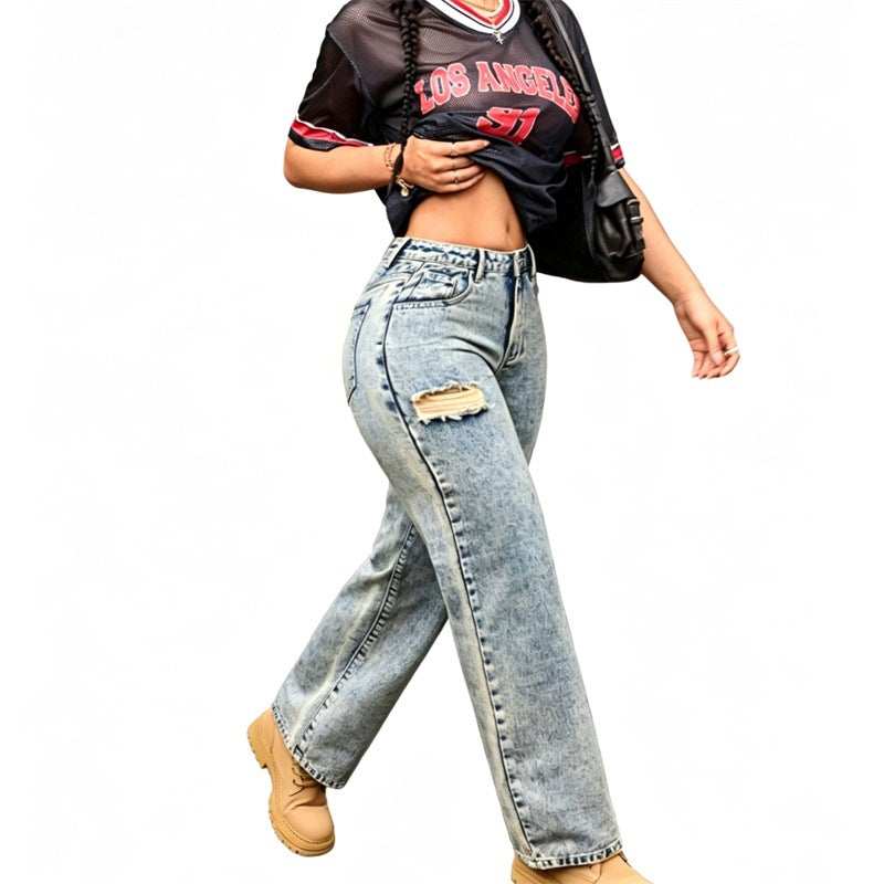 Damen High-Waist Relaxed-Jeans mit Steinwasch-Effekt und seitlichem aufgerissenem Einsatz Nord Taschen
