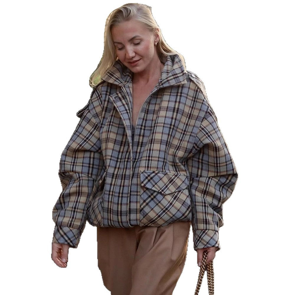 Damen Oversize-Karomantel im Boxy‑Schnitt mit Reißverschluss und Schulterklappen Nord Taschen