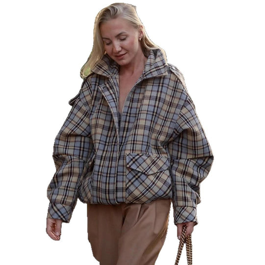 Damen Oversize-Karomantel im Boxy‑Schnitt mit Reißverschluss und Schulterklappen Nord Taschen