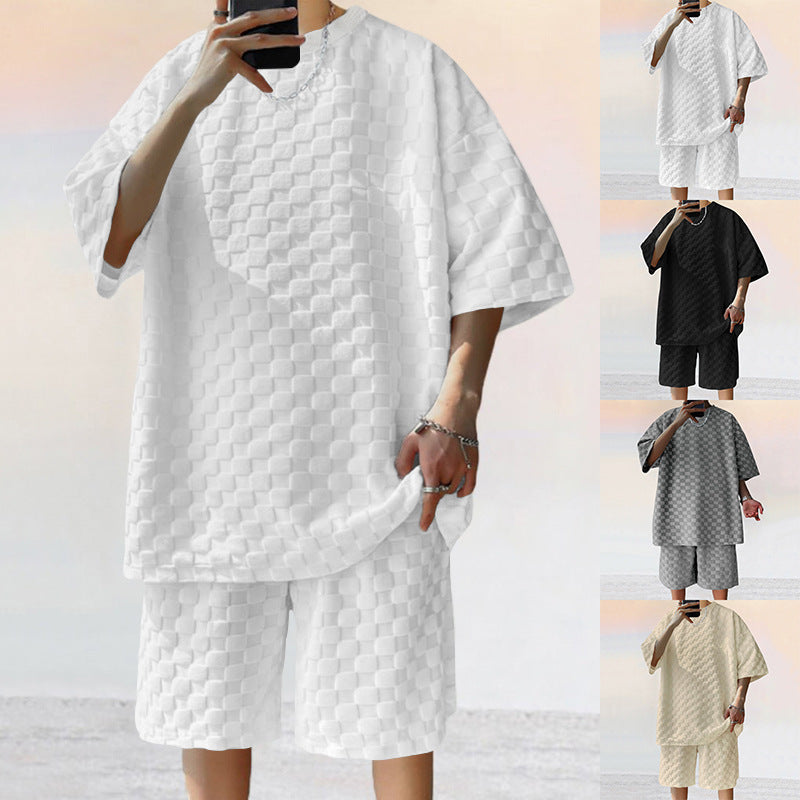 Unisex nan übergroßes Freizeit-Set aus strukturierter Waffelqualität mit Rundhalsausschnitt und locker sitzender Bermudashorts
