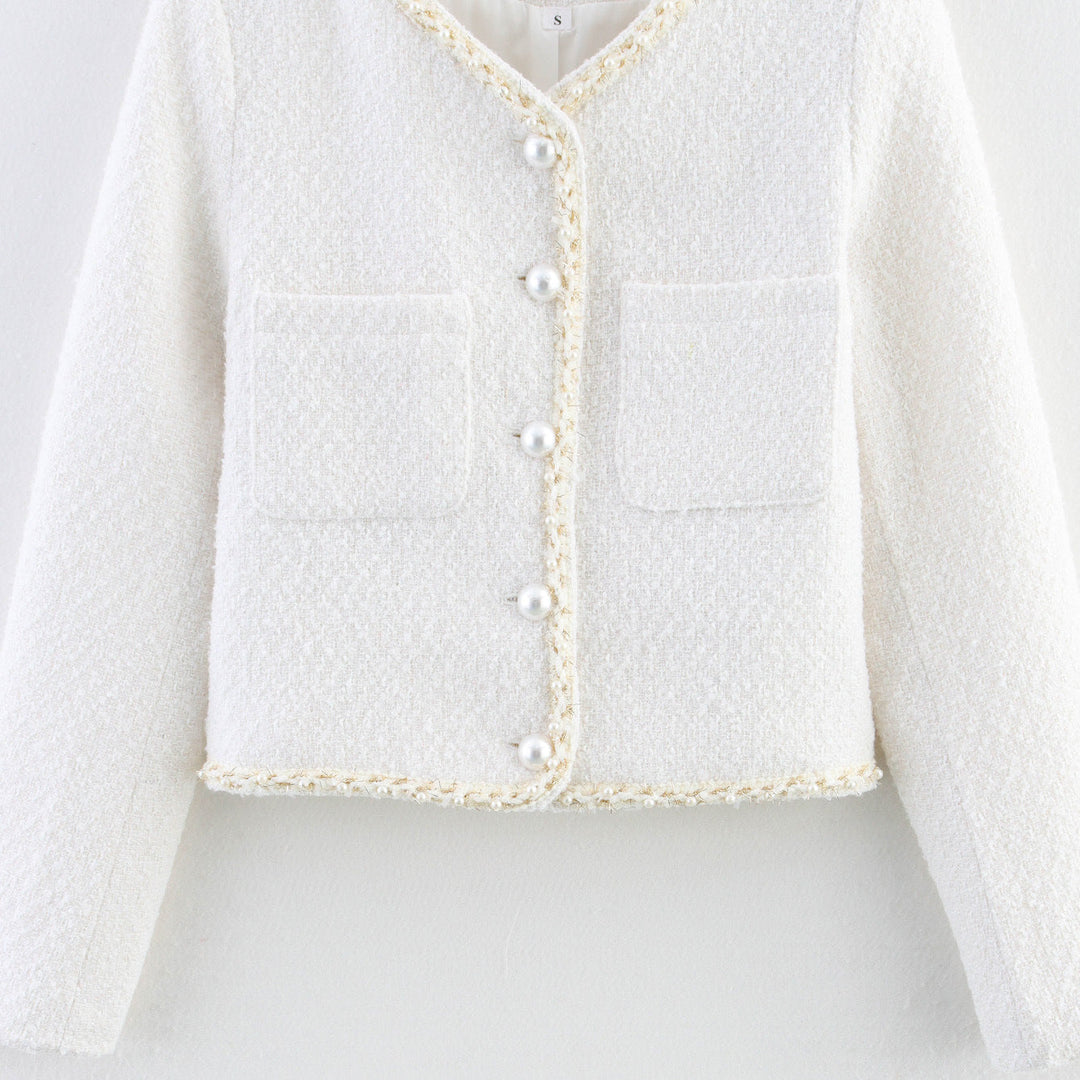 Damen modische Bouclé-Jacke mit eleganten Taschen und perlverzierten Knöpfen
