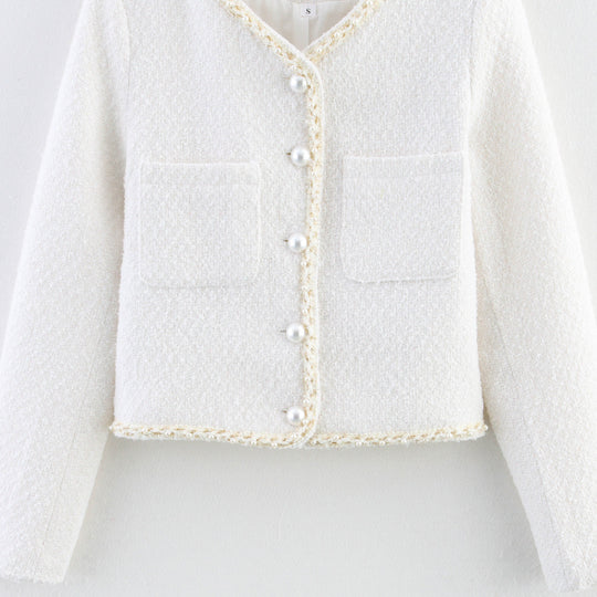 Damen modische Bouclé-Jacke mit eleganten Taschen und perlverzierten Knöpfen