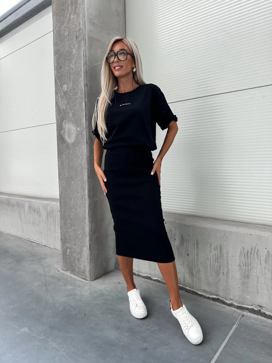 Damen lässiges Zweiteiler-Set aus Feinstrick mit oversized Shirt und Midi-Bleistiftrock mit Seitenschlitz Nord Taschen