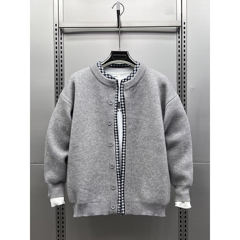Unisex Lässige Strickjacke im Layering-Look mit Rundhals und Kontrast-Karoinnenschicht Nord Taschen