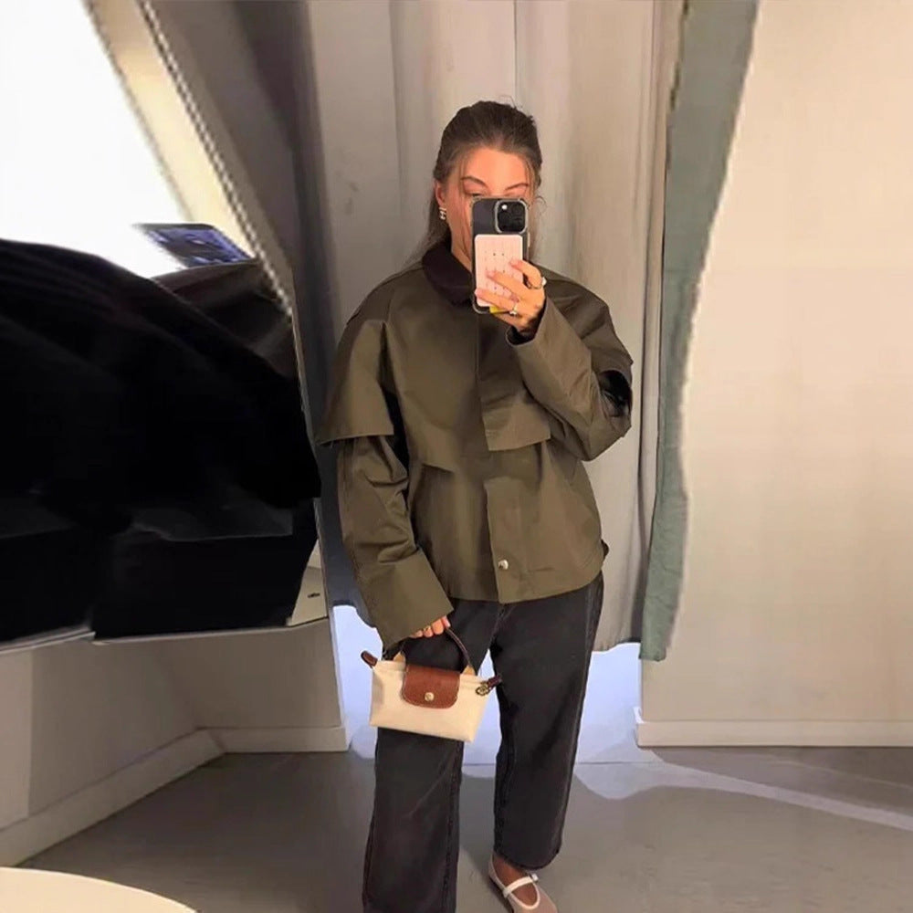 Damen Kurztrenchjacke mit Cape-Overlay und Oversize-Ärmeln Nord Taschen