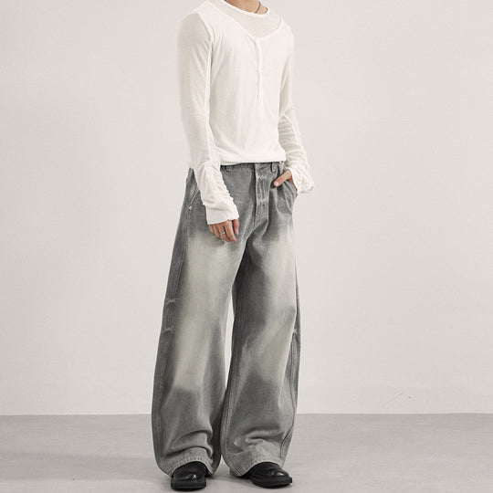 Herren Bodenlange Oversized-Denim-Palazzohose mit verwaschener Fade-Optik und tiefem Schritt Nord Taschen