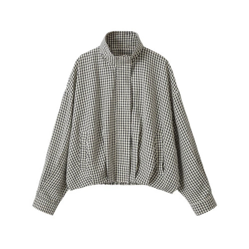 Damen Oversize Kurzblouson im Karo-Design mit hohem Stehkragen und Tunnelzugsaum Nord Taschen